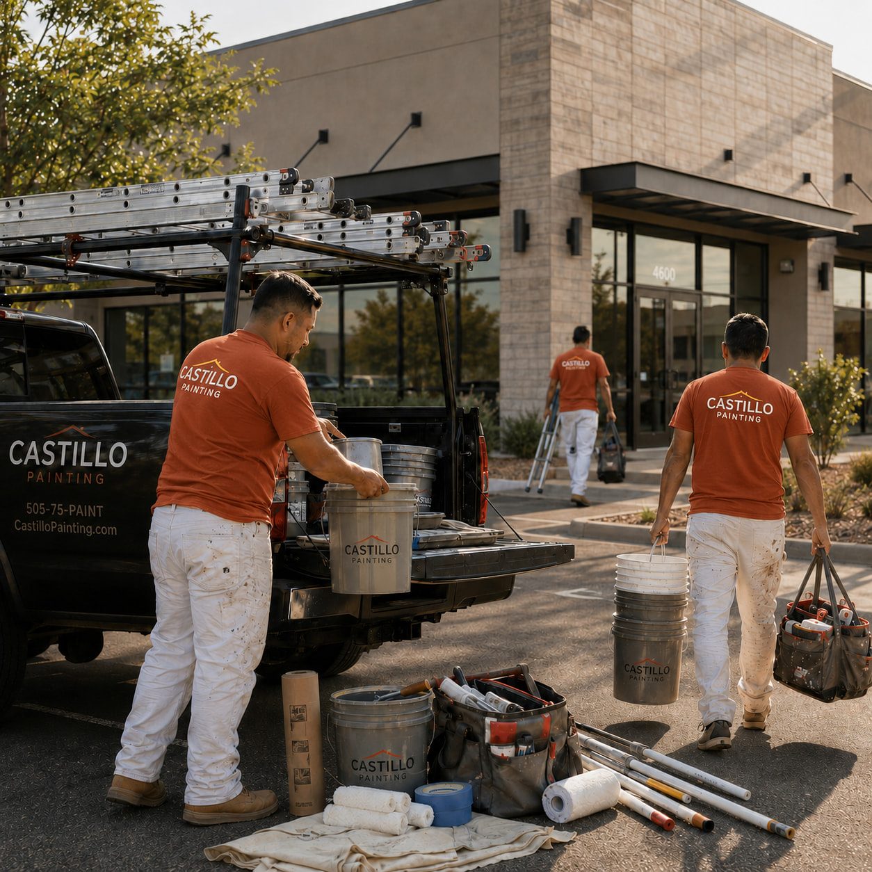 Pintores comerciales preparando equipo frente a edificio comercial